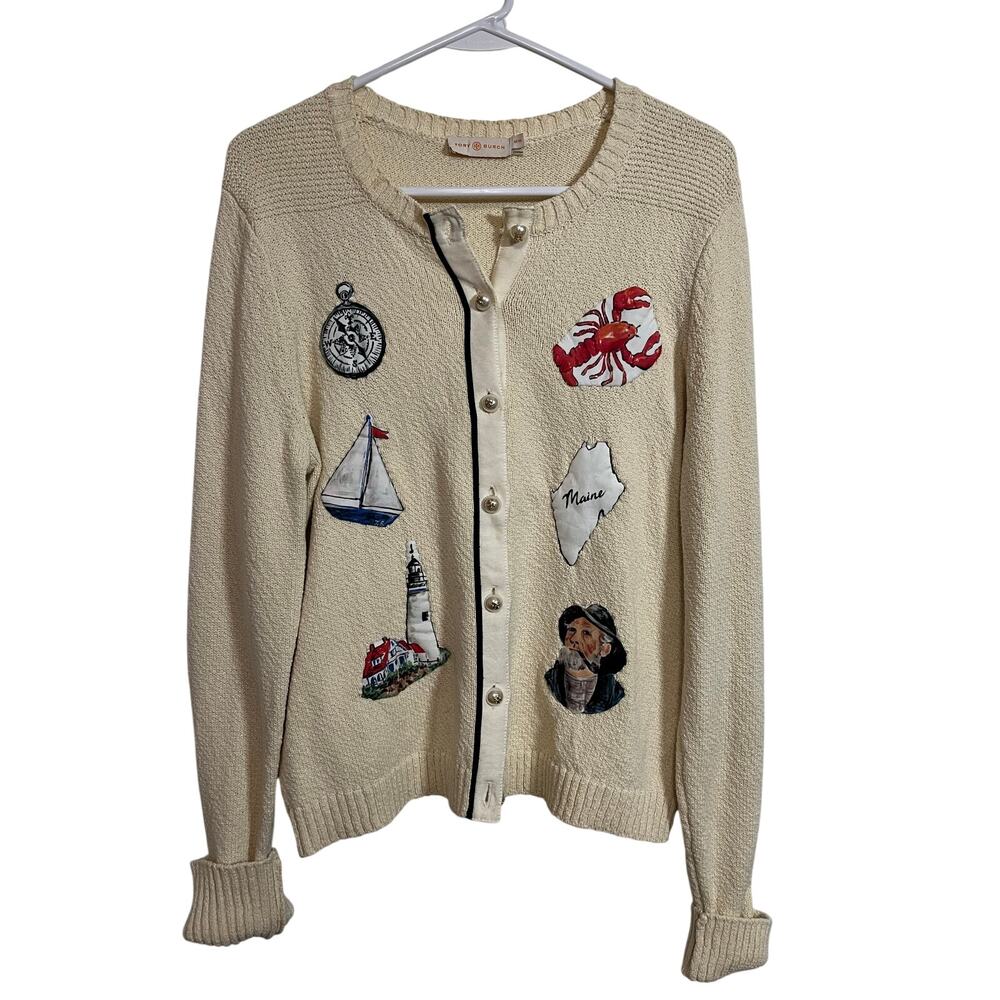 Tory Burch Cream Embroidered Nautical Crew Cardigan